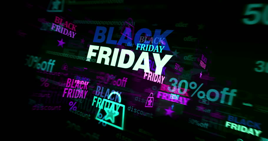 Black Friday promotion sale symbol technology loop concept. Abstract sign on glitch screens seamless and looped.