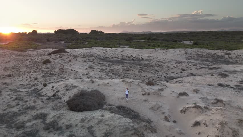 Aerial View Woman in Athletic Wear Enjoy Breathtaking Ocean View From Top of Sand Dune, Embracing Serene Landscape. Drone