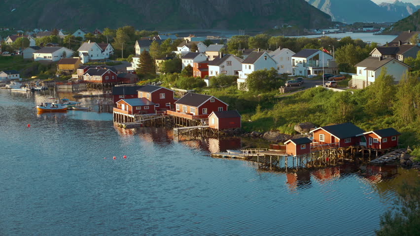 Scenic Reine village cinemagraph, Lofoten islands , Norway, Scandinavia. Historic red wooden houses