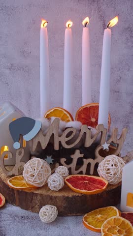 Traditional four advent weeks calendar before Christmas holidays. Candles and plastic free zero waste sustainable decoration. Copy space greeting card mock up template. Winter cozy