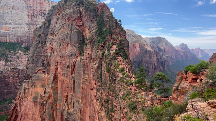 Establishing view of climb to top of Angels Landing in Zion 4k