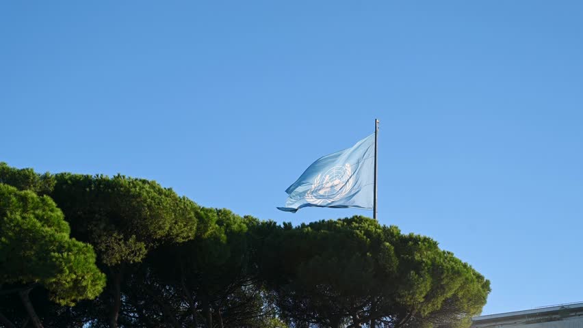 The flag of the United Nations on the flagpole. UN flag in front of Food and Agriculture Organization of the United Nations in Rome, Italy. 
