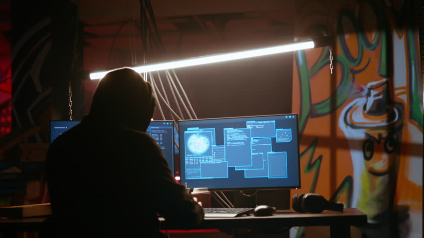 Hacker in dark neon lit underground HQ coding malware designed to exploit network backdoors, using tools to bypass security measures such as logins and password protections. handheld camera shot