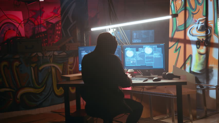 Hacker with malicious intent doing data breaches and financial theft in dark bunker. Jib down shot of cybercriminal stealing users bank account credentials, targeting low security passwords