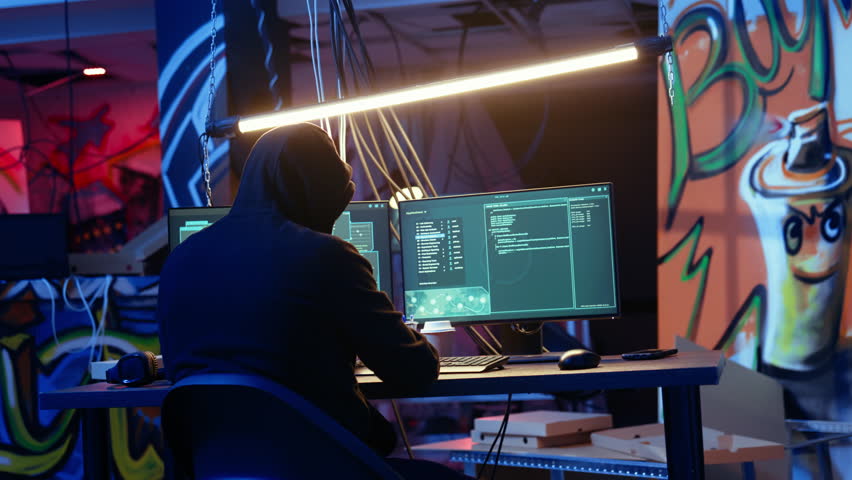 Skilled hacker deploying malware on unaware victims computers, stealing sensitive and private information, selling on darknet to highest bidder, looking at computer screen in hideout, camera A