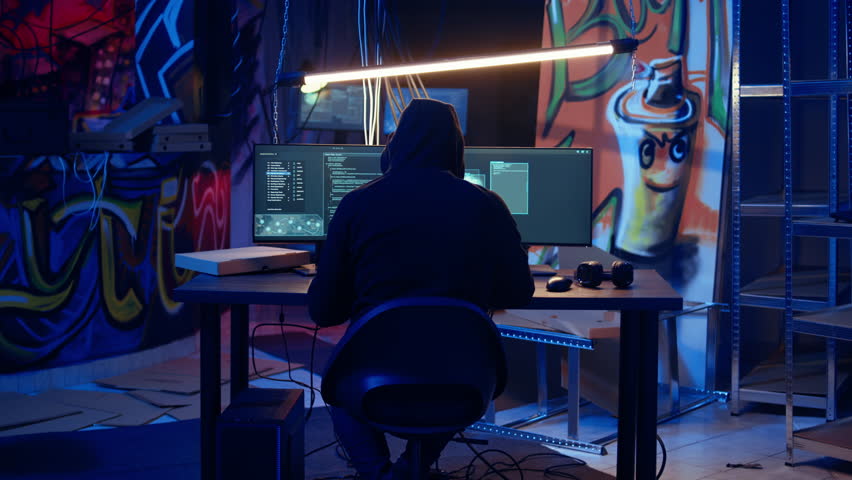 Hooded man in underground hideaway utilizing technical knowhow of bugs and exploits to break into computer systems and access valuable data, bypassing firewalls and login process, dolly in shot