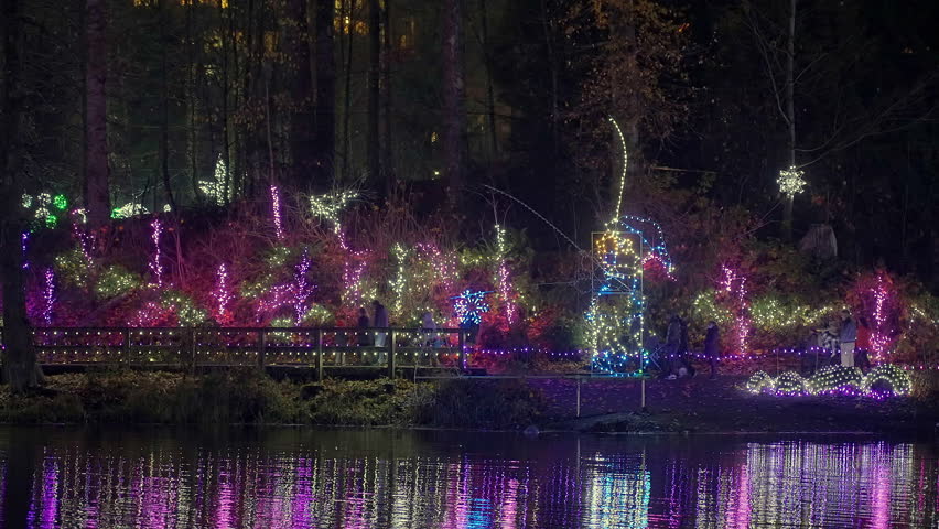 Establishing shot. Lake trail with nice Christmas decoration at night in Vancouver, Canada, North America. Night time on Dec 2023. ProRes 422 HQ