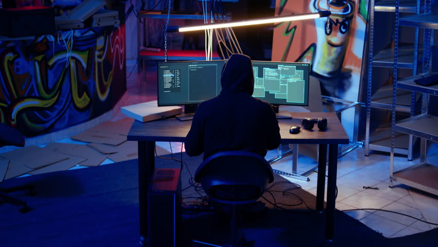 Hacker devising plan, coding malware designed to exploit network backdoors, bypassing security measures such as logins and password protections in graffiti painted bunker, dolly in shot