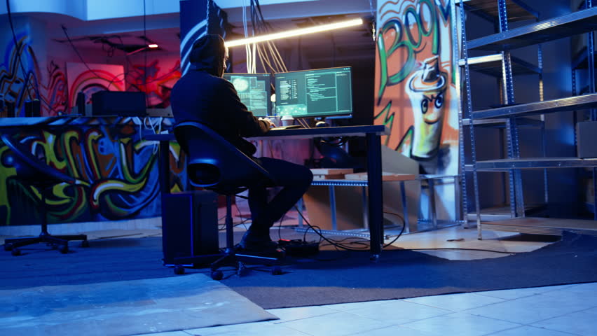 Security hacker exploring methods of breaching defenses and exploiting weaknesses in computer networks. Malicious programmer in basement getting past firewalls, handheld camera shot