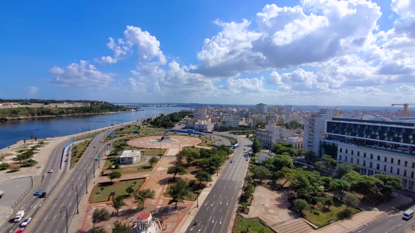 Panoramic aerial view of old Havana streets and Havana Bay in historic city center of Havana Vieja.