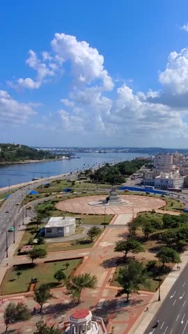 Panoramic aerial view of old Havana streets and Havana Bay in historic city center of Havana Vieja.