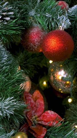 Christmas celebration holiday background - christmas tree decoration bauble ball on decorated Christmas tree, winter holidays conctp. Truck slider shot