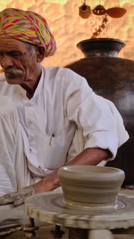Indian potter at work: throwing the potter's wheel and shaping ceramic vessel and clay ware: pot, jar in pottery workshop. Experienced master. Handwork craft from Shilpagram, Udaipur, Rajasthan, India