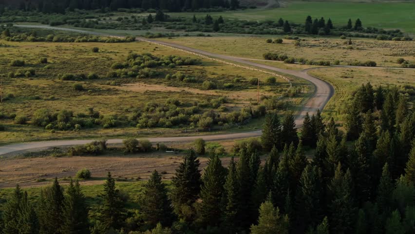 A winding road cuts through a vast green valley surrounded by trees in Sunlight Basin, Wyoming