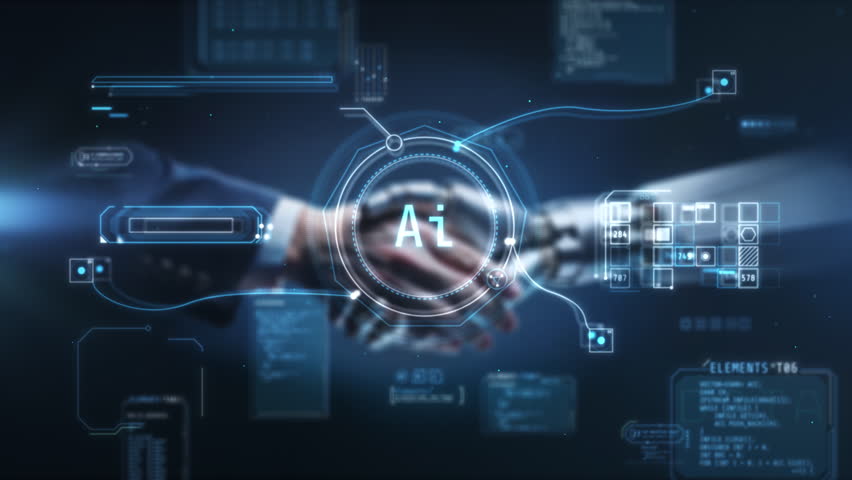 Businessman and robot shaking hands through futuristic hologram interface - Powered by Shutterstock - Get 15% off with code: PIKWIZARD15