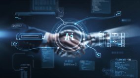 Businessman and robot shaking hands through futuristic hologram interface - Powered by Shutterstock - Get 15% off with code: PIKWIZARD15