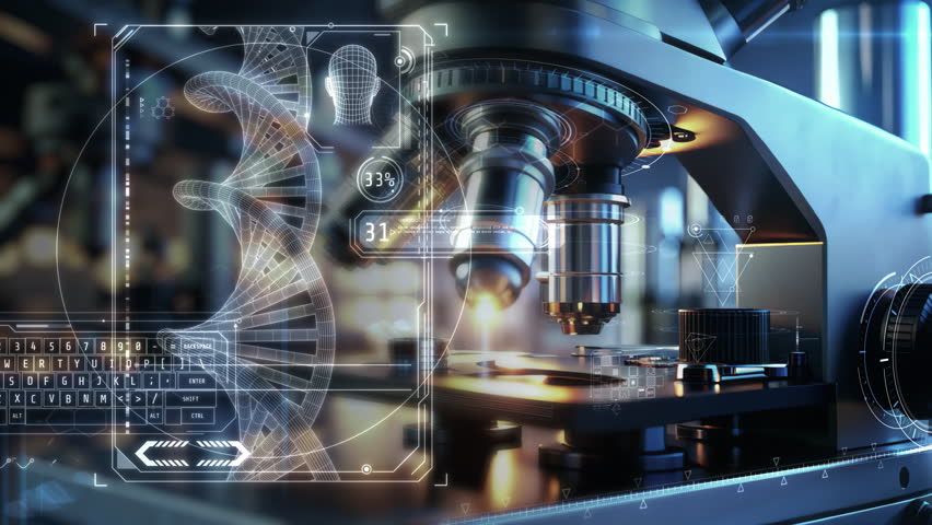 Modern microscope analyzing DNA structure in a medical laboratory