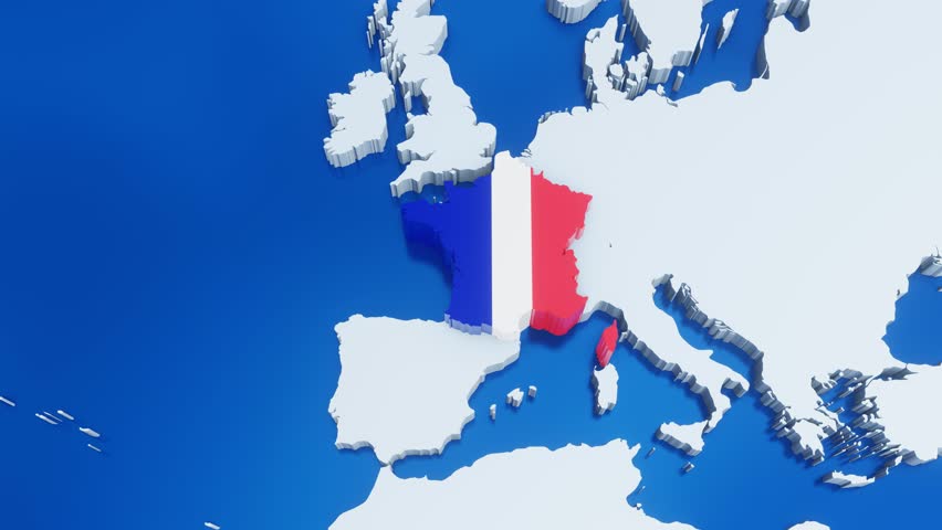 3d map of France with national flag,zooming in and zooming out from world map