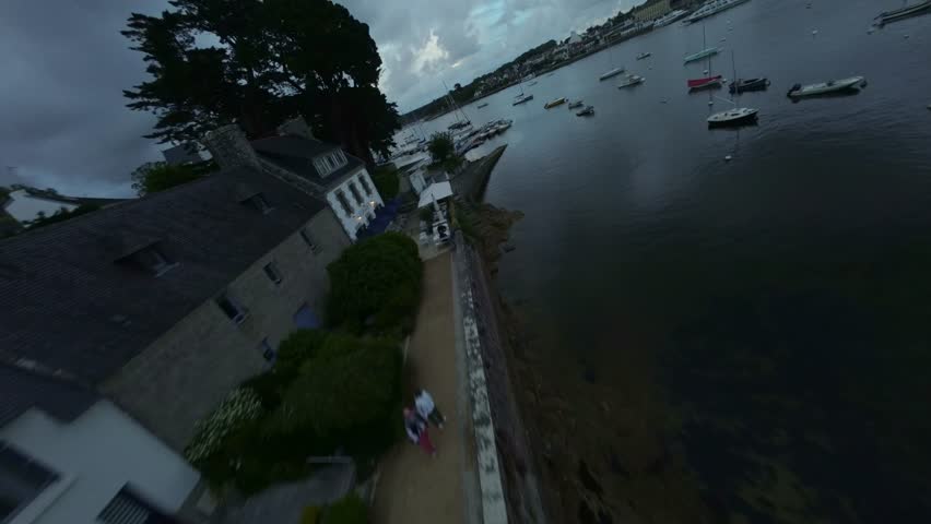 Pointe de Sainte-Marine, Brittany, France - A View of Boats and Yachts Docked in the Port at Dusk - FPV Shot