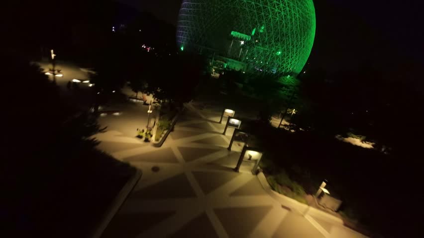 Glowing Geodesic Dome Of The Biosphere, Environment Museum In Montreal, Quebec, Canada. FPV Shot