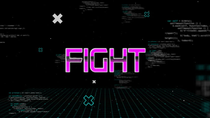 Animation of fight text and data processing over dark background. Global video game, connections, computing and data processing concept digitally generated video. - Powered by Shutterstock - Get 15% off with code: PIKWIZARD15