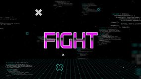 Animation of fight text and data processing over dark background. Global video game, connections, computing and data processing concept digitally generated video. - Powered by Shutterstock - Get 15% off with code: PIKWIZARD15