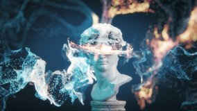 A white marble head sculpture wearing VR glasses is surrounded by blue energy waves and floating digital data streams, all set against an isolated dark background. The scene captures the blend between - Powered by Shutterstock - Get 15% off with code: PIKWIZARD15