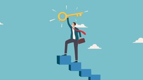 Key to business success animation. stairway to find secret key or achieve career target concept. Businessman climbing stairs with a large gold key symbolizes success and achievement - Powered by Shutterstock - Get 15% off with code: PIKWIZARD15