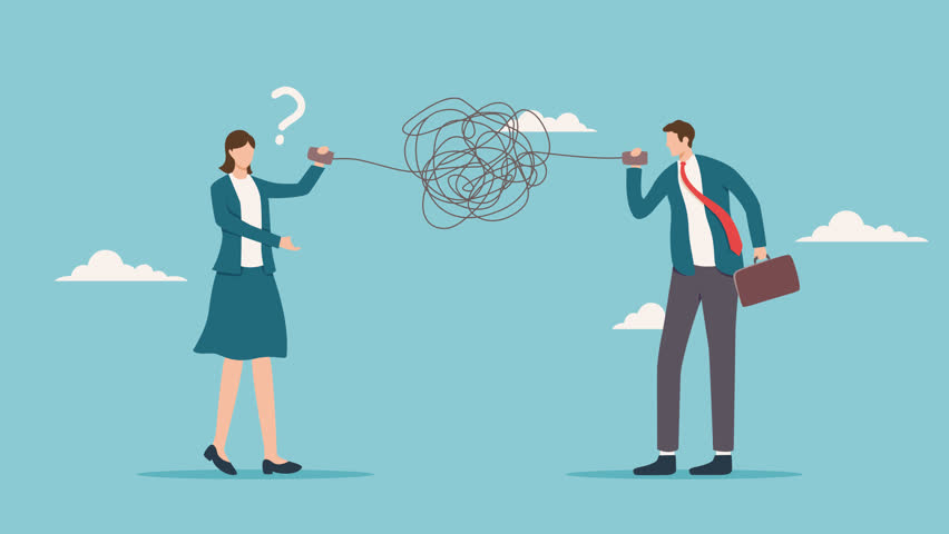 Communication problem animation, misunderstanding or confusion, mess or chaos communicate. miscommunicate unclear message and information concept, businessman talking through messy chaos