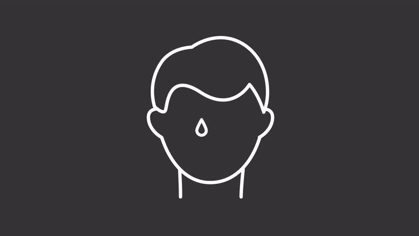 Sweat white line animation. Dizziness animated icon. Dropping water. Male sickness, health care. Fever, flu. Isolated illustration on dark background. Transition alpha video. Motion graphic