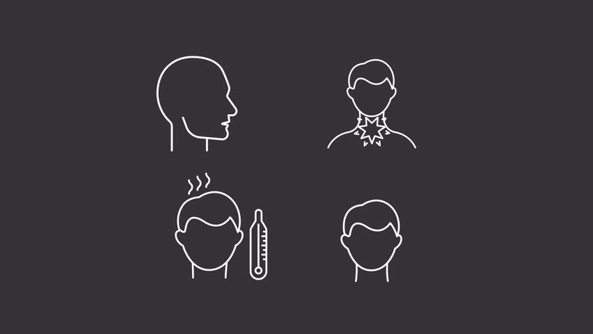 Fever symptoms animation library. Sickness animated white line icons. Sore throat, cold illness. Sweat, dizziness. Isolated illustrations on dark background. Transition alpha. HD video. Icon pack