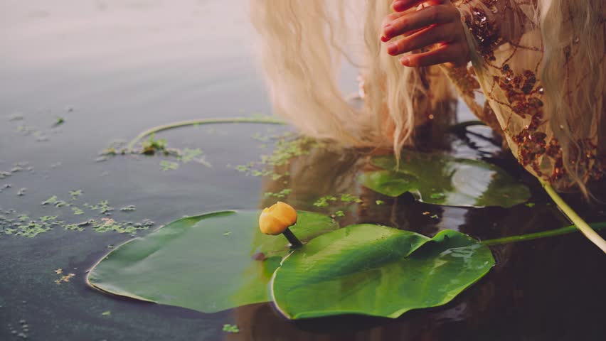 fantasy woman river nymph hand touching stroking yellow water lily flower, green leaves swamp water. happy fairy girl enjoys beauty nature. Mystery unrecognizable person body part goddess wet dress