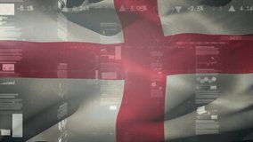 Animation of statistics and financial data processing over flag of england. Global business, finance, connections, computing and data processing concept digitally generated video. - Powered by Shutterstock - Get 15% off with code: PIKWIZARD15