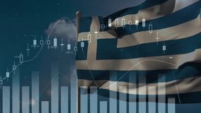 Animation of statistics and financial data processing over flag of greece. Global business, finance, connections, computing and data processing concept digitally generated video. - Powered by Shutterstock - Get 15% off with code: PIKWIZARD15