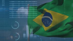 Animation of statistics and financial data processing over flag of brasil. Global business, finance, connections, computing and data processing concept digitally generated video. - Powered by Shutterstock - Get 15% off with code: PIKWIZARD15