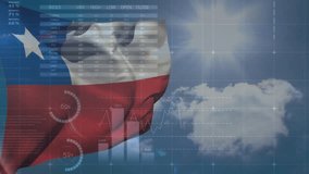 Animation of statistics and financial data processing over flag of chile. Global business, finance, connections, computing and data processing concept digitally generated video. - Powered by Shutterstock - Get 15% off with code: PIKWIZARD15