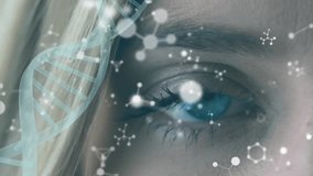 Animation of dna strand, molecules and caucasian woman's face. Global science, research, connections, computing and data processing concept digitally generated video. - Powered by Shutterstock - Get 15% off with code: PIKWIZARD15