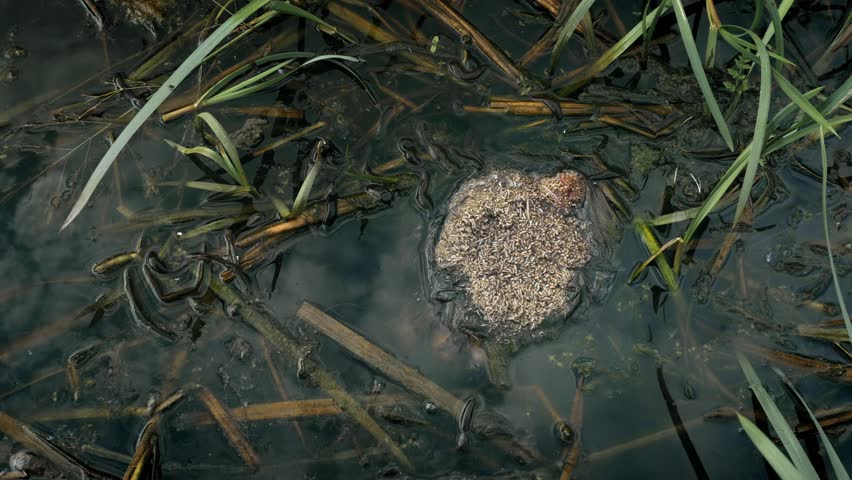 Horse leech and fly maggots feeding on a carcass