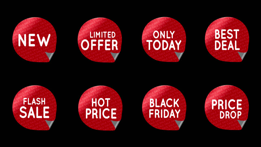 Animation of a set of red stickers on a transparent background for advertising or promo, with the text New, Flash sale, Best deal, Hot price, Limited offer, Only today , Black Friday, Price Drop. 