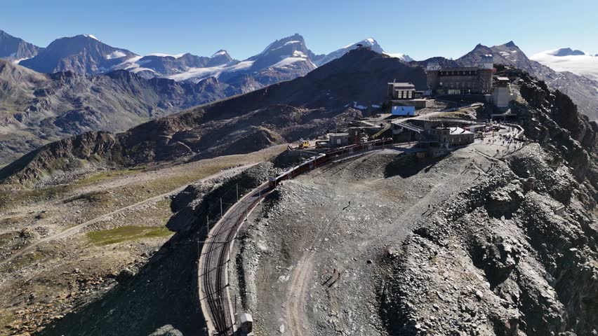 Drone view of Gornergrat railway station in Pennine Alps, Switzerland