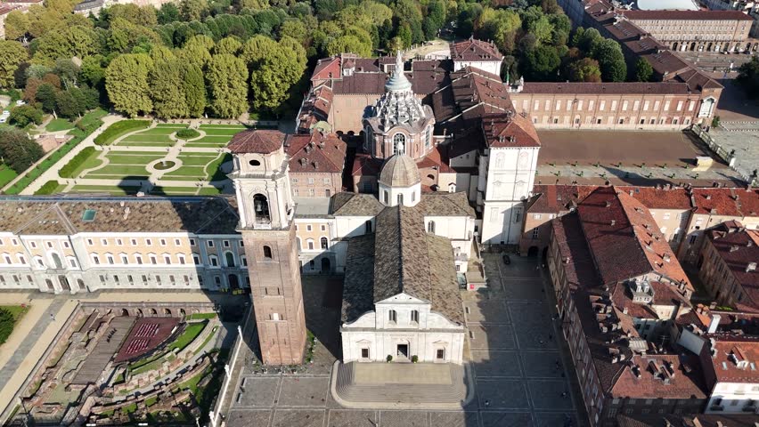 Aerial footage of Turin Cathedral (Cattedrale di San Giovanni Battista) in Italy