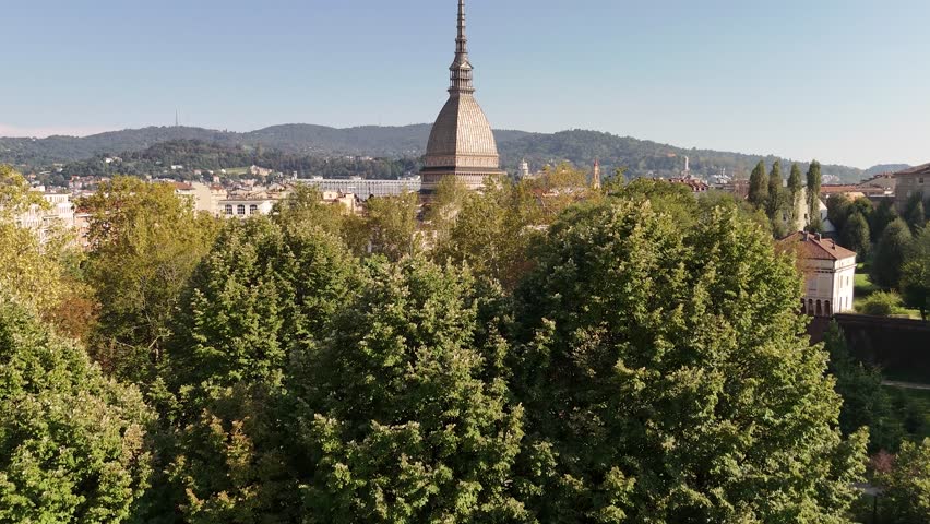 Aerial view of Mole Antonelliana, a major landmark building in Turin, Italy