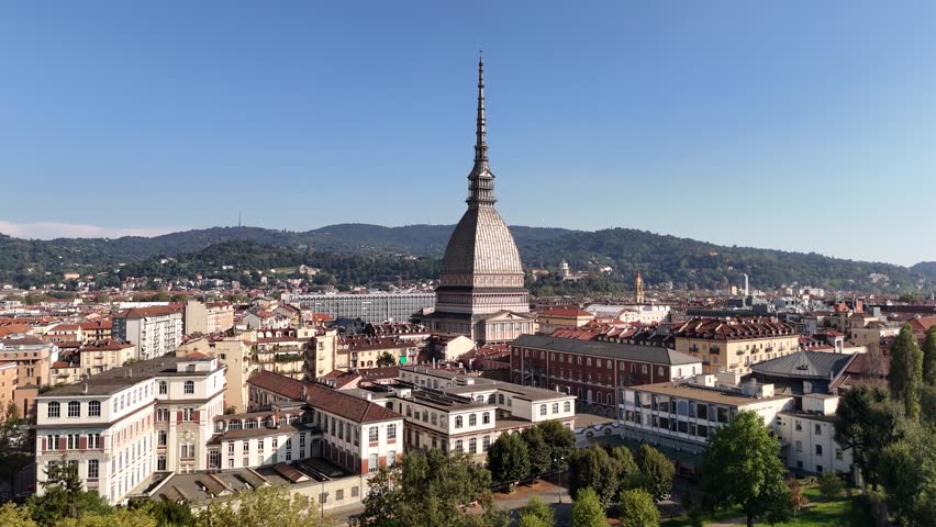 Drone shot of Mole Antonelliana, a popular landmark building in Turin, Italy