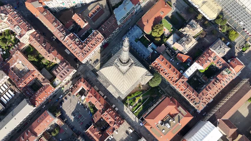Aerial footage of Mole Antonelliana, a major landmark building in Turin, Italy