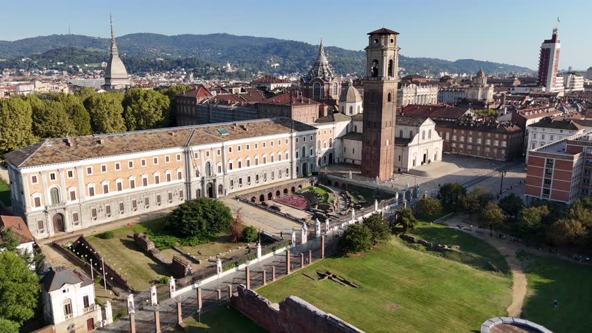 Aerial footage of Savoy Gallery (Galleria Sabauda) and Turin Cathedral in Italy