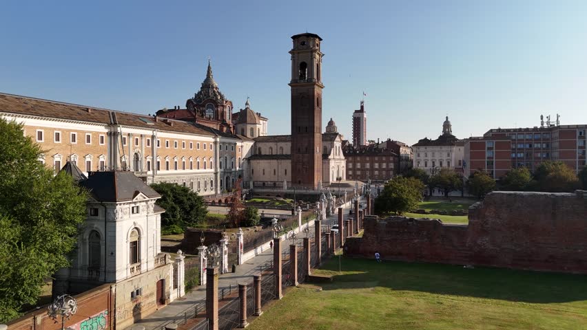 Drone view of Savoy Gallery (Galleria Sabauda) and Turin Cathedral, Turin, Italy