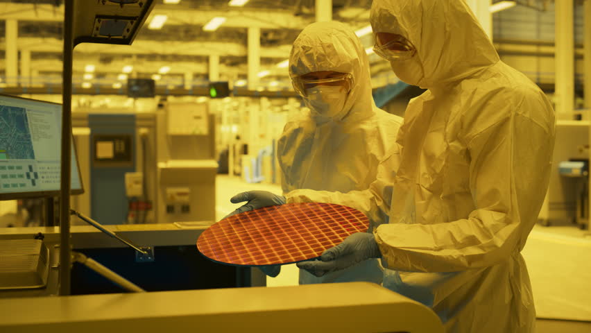 Semiconductor Fabrication Process: Engineers In Cleanroom Inspect A Silicon Wafer, Photolithography Exposure In An EUV Scanner. Quality Control Specialists Monitor Overlay Accuracy For Chip Production