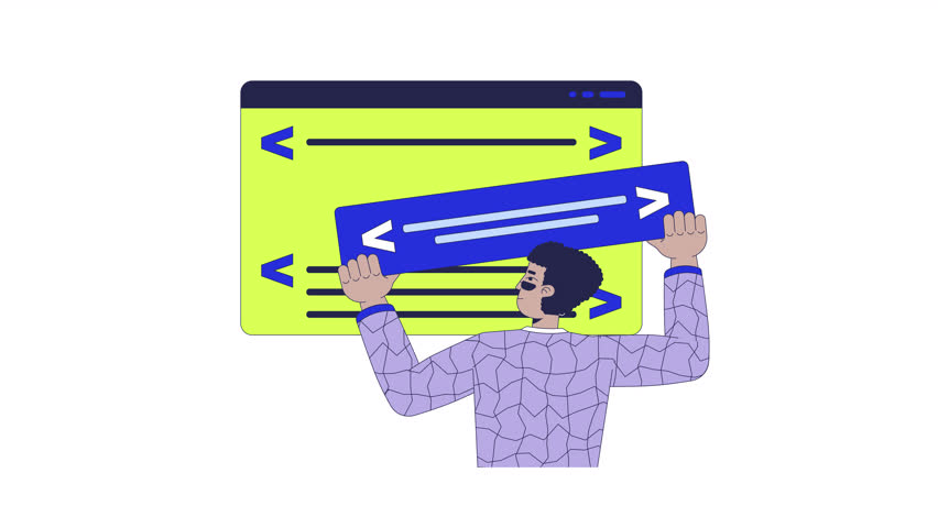 Website builder 2D animation. Back-end engineer coding construction 4K video motion graphic. Backend web developer hispanic man programmer animated character cartoon flat concept, white background