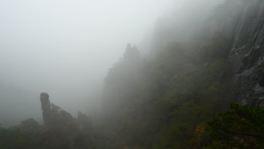 The Huangshan mountain in fog and rain. Time lapse video.