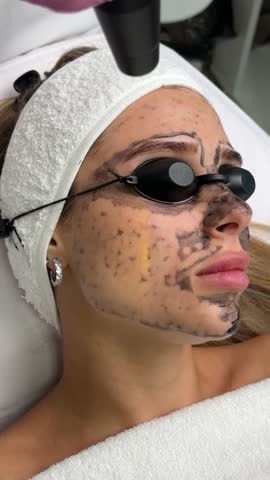 Close-up of cosmetologist's hand making hardware carbon peeling by young pretty customer woman in safety glasses headdress lying on couch in beauty salon. Facial cleaning concept. Cosmetology Services